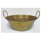 1067	ANTIQUE BRASS JAM POT W/APPLIED LOOP BRASS HANDLES, APPROXIMATELY 20 IN X 9 IN OVERALL