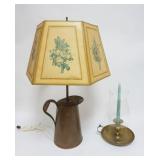 1074	BRASS CHAMBER STICK W/HURRICANE SHADE & PRIMITIVE COPPER POT MODIFIED TO TABLE LAMP, LARGEST PI