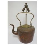 1075	LARGE ANTIQUE COPPER & BRASS TEA KETTLE MODIFIED INTO A TABLE LAMP, APPROXIMATELY 24 IN HIGH