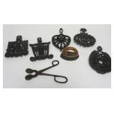 1077	MINIATURE SAD IRON, 5 CAST IRON TRIVITS, TIN SMITHS TOOL