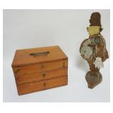 1087	PINE LIFT TOP 2 DRAWER STORAGE BOX, APPROXIMATELY 9 IN X 12 IN X 8 IN HIGH & FOLK ART CUT OOUT 