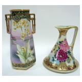 1116	HAND PAINTED NIPPON PITCHER AND DOUBLE HANDLED VASE, TALLEST APPROXIMATELY 9 1/2 IN H