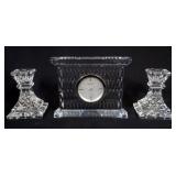 1125	WATERFORD CRYSTAL MARQUIS CLOCK, APPROXIMATELY 8 IN X 2 IN X 5 IN AND 4 IN LISMORE CANDLESTICKS