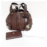 1156	MICHAEL KORS BROWN LEATHER SATCHEL WITH MATCHING WALLET AND DUST BAG, APPROXIMATELY 10 IN X 16 