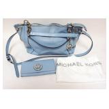 1157	MICHAEL KORS BLUE LEATHER SATCHEL WITH MATCHING LEATHER WALLET AND DUST COVER, APPROXIMATELY 15
