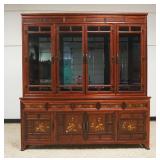 1200	ROSEWOOD 2 PART ASIAN BREAKFRONT WITH CARVED PULLS, INLAY DRAWER AND DOOR FRONTS, BEVELED GLASS