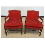 1221	PAIR OF ETHAN ALLEN FRENCH COUNTRY STYLE ARM CHIARS WITH OAK FRAMES AND TUFTED CUSHIONS, EACH A