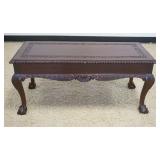 1243	MAHOGANY BALL AND CLAW FOOT LONG STAND WITH CARVED TOP AND SHELL CARVED SKIRT, 1 SIDE DRAWER, A