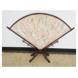 1248	ORNATE VICTORIAN SCREEN TURNED WALNUT FAN SHAPED WITH FLORAL PATTERN CLOTH CENTER, APPROXIMATEL