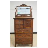 1254	ANTIQUE BONNET CHEST HAVING 5 DRAWERS AND 1 DOOR, MIRROR TOP WITH APPLIED CARVINGS ON DRAWER FR