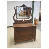 1256	ANTIQUE OAK 4 DRAWER DRESSER WITH MIRROR TOP, APPROXIMATELY 43 IN X 20 IN X 71 IN H
