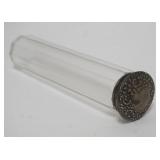 1004	ANTIQUE GLASS VANITY BOTTLE W/STERLING LID, LID OUT OF ROUND, APPROXIMATELY 7 1/2 IN HIGH