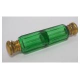 1010	EMERALD GREEN CUT GLASS DOUBLE PERFUME, SOME DENTING ON LID, APPROXIMATELY 5 1/2 IN