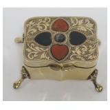 1013	ANTIQUE ORNATE FOOTED TRINKET BOX W/INSET STONE & TOOLED ORNAMENT TOP, APPROXIMATELY 3 IN X 2 IN X 1 1/2 IN HIGH