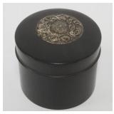 1021	ANTIQUE FRENCH EBONY ROUND BOX W/STERLING SILVER REPOUSSE INSET TOP, COVERED BOX, SC & CO, APPR