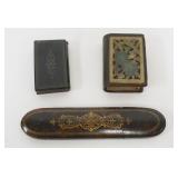 1027	ANTIQUE LACQUERED EYEGLASS CASE, MATCHBOOK HOLDER & LEATHER W/JADE MATCHBOOK HOLDER, LARGEST AP
