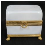 1031	ANTIQUE OPALINE GLASS JEWELRY CASKET W/BRONZE TRIM & BRONZE PAW FEET, APPROXIMATELY 4 IN X 2 1/