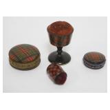 1039	SCOTTISH TARTANWARE ASSORTMENT OF PIN CUSHIONS, LARGEST APPROXIMATELY 2 1/2 IN TALL