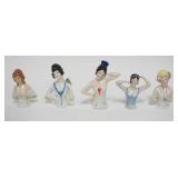 1041	GROUP OF 5 VINTAGE GERMAN PORCELAIN HALF DOLLS, LARGEST APPROXIMATELY 4 1/2 IN