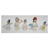 1042	GROUP OF 5 VINTAGE GERMAN PORCELAIN HALF DOLLS, LARGEST APPROXIMATELY 4 1/4 IN