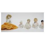 1044	GROUP OF 5 VINTAGE GERMAN PORCELAIN HALF DOLLS, LARGEST APPROXIMATELY 3 1/2 IN