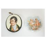 1054	HAND PAINTED PORCELAIN TOP PIN CUSHION W/PORTRAIT OF GENTLEMAN & LIMOGES PORCELAIN DISC W/IMAGE
