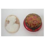 1055	VICTORIAN MINIATURE CRANBERRY GLASS TRINKET BOX & CAMEO W/CARVED PROFILE OF A WOMAN, APPROXIMAT