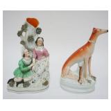 1079	ANTIQUE STAFFORDSHIRE FIGURES INCLUDING A GREYHOUND & A COURTING SCENE, LARGEST APPROXIMATELY 9