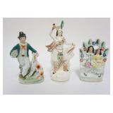 1081	ANTIQUE STAFFORDSHIRE FIGURES, COURTING SCENE, SCOTTISH DANCER & MAN PETTING HIS DOG, APPROXIMA