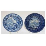 1089	HISTORICAL BLUE TRANSFER STAFFORDSHIRE PLATES, BOY PIPING & ADAMS SCENE DEPICTING WATERWAY & CA