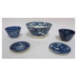 1097	HISTORICAL BLUE TRANSFER STAFFORDSHIRE BOWL, HANDLELESS CUPS & CUP PLATES, LARGEST PIECE APPROX