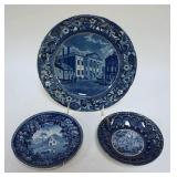 1098	HISTORICAL BLUE TRANSFER STAFFORDSHIRE GROUP OF 3 ASSORTED ALL W/DAMAGE, ONE W/OLD STAPLE REPAI