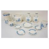 1107	GROUP OF ASSORTED WEDGWOOD EMBOSSED *QUEENSWARE*  INCLUDING PITCHERS, VASES & ASHTRAYS, LARGEST
