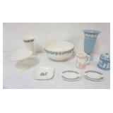 1108	GROUP OF ASSORTED WEDGWOOD EMBOSSED *QUEENSWARE* INCLUDING BOWL, COMPOTE, VASES, COVERED JAR, T