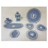 1109	GROUP OF ASSORTED BLUE JASPERWARE INCLUDING COVERED BOLTED URN, NAPPY CANDLESTICK, DISH, SILVER