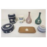 1111	GROUP OF ASSORTED WEDGWOOD JASPERWARE INCLUDING PIN TRAY, COVERED BOXES, VASE, TALLEST PIECE AP