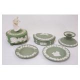 1111A	GROUP OF ASSORTED WEDGWOOD JASPERWARE MUSIC BOX, COVERED TRINKET BOXES, ETC, TALLEST PIECE APP