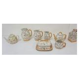 1112	GROUP OF ASSORTED MAJOLICA BROWNHILLS BAMBOO & TRELLIS INCLUDING GRADUATED PITCHERS, COVERED DI