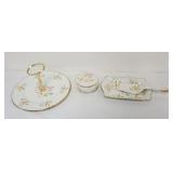 1142	ROYAL CROWN STAFFORDSHIRE COVERED DISH, HANDLED SERVER DISH, CAKE SERVING PIECE & TRAY, LARGEST