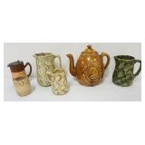 1149	GROUP OF ASSORTED SPATTER PITCHERS BENNINGTON GLAZED TEAPOT & MAJOLICA, REDWARE PEWTER LID SYRU