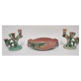 1150	ROSEVILLE POTTERY MOSS PATTERN CONSOLE SET, BOWL APPROXIMATELY 12 IN X 7.5 IN X 3.5 IN