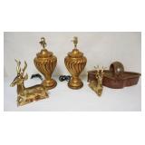 1154	GROUP OF DECORATIVE ITEMS INCLUDING POTTERY BASKET SHAPED PLANTER, GILT WOOD STAGS & GILT WOOD 