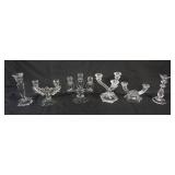 1164	GROUP OF ASSORTED GLASS CANDELABRAS & CANDLESTICKS, TALLEST APPROXIMATELY 8 IN HIGH