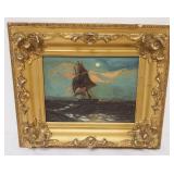 1191	ANTIQUE OIL PAINTING ON CANVAS, SHIP SAILING ON MOONLIT NIGHT, APPROXIMATELY 19 IN X 16 IN OVER