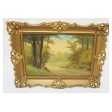 1197	ANTIQUE OIL PAINTING ON CANVAS, IMAGE OF COUNTRY WOODED LANE, ARTIST SIGNED LOWER LEFT, APPROXI