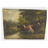 1198	ANTIQUE OIL PAINTING ON CANVAS, IMAGES OF COWS IN PASTURE & DRINKING FROM A STREAM, ARTIST SIGN