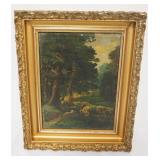 1199	ANTIQUE OIL PAINTING ON CANVAS, IMAGE OF HERDER W/SHEEP, APPROXIMATELY 13 IN X 18 IN