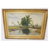 1201	ANTIQUE OIL PAINTING ON CANVAS, ANNOTIATED ON BACK WITH PIECE OF PAPER CLAIMING THAT PAINTING IS OF FRANKFORD CREEK PORT PHILADELPHIA, ARTIST JOHN WOODHOUSE, 1626 GREEN STREET, FRANKFORD PA., EXH