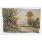 1204	OIL PAINTING ON BOARD IMAGE OF STREAM IN SEMI WOODED AREA, APPROXIMATELY 18 IN X 12 IN