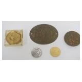 1220	GROUP OF ASSORTED BRONZE, BRASS AND SILVERPLATE EMBOSSED DOG METALS AND BEWARE OF DOG PLAQUE DA